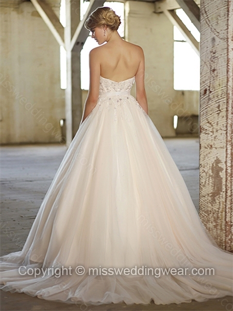 Ball Gown Scoop Tulle Satin Sweep Train Ivory Appliques Wedding Dresses - Image 3