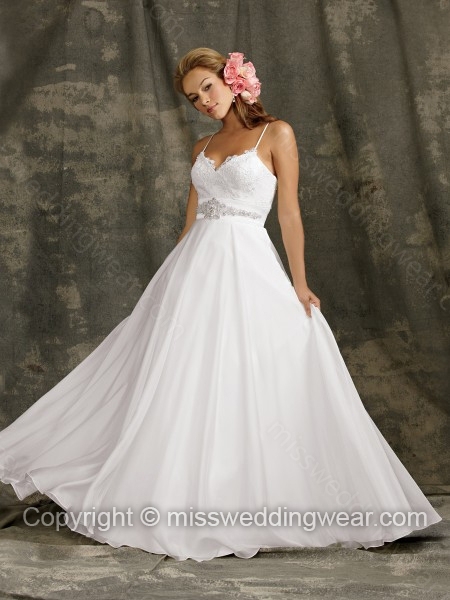 Ball Gown Spaghetti Straps Chiffon Floor-length White Beading Wedding Dresses