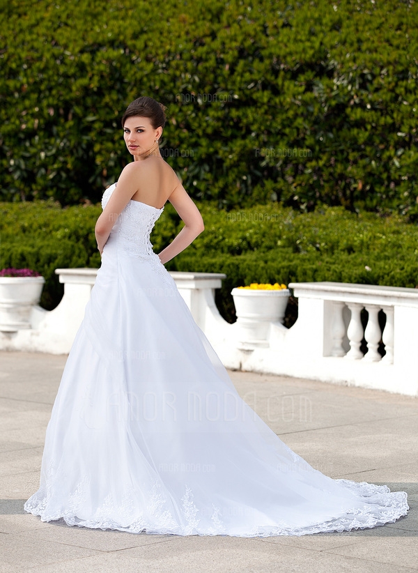 Ball-Gown Strapless Chapel Train Organza Satin Wedding Dress With Lace Beading - Image 2