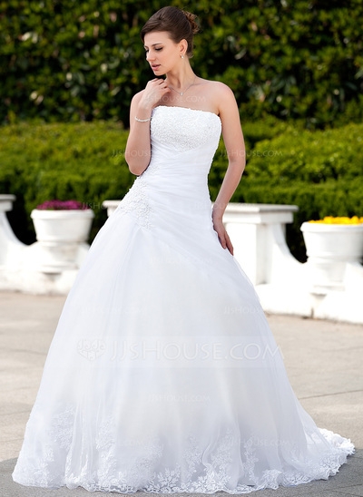Ball-Gown Strapless Chapel Train Organza Satin Wedding Dress With Lace Beading
