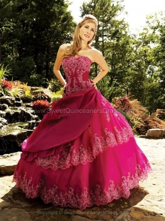 Ball Gown Strapless Taffeta Tulle Floor-length Appliques Quinceanera Dresses