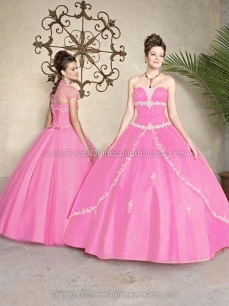 Ball Gown Strapless Tulle Satin Floor-length Appliques Quinceanera Dresses