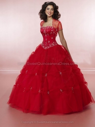 Ball Gown Strapless Tulle Satin Floor-length Beading Quinceanera Dresses