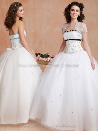 Ball Gown Strapless Tulle Satin Floor-length Beading Quinceanera Dresses