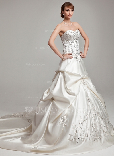Ball-Gown Sweetheart Cathedral Train Satin Wedding Dress