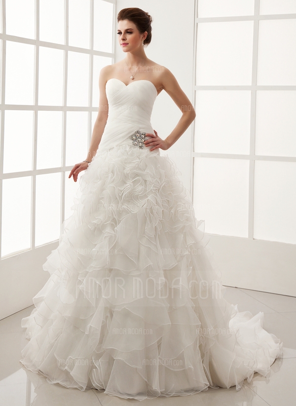 Ball-Gown Sweetheart Chapel Train Organza Satin Wedding Dress With Crystal Brooch Cascading Ruffles