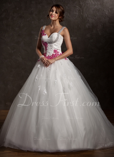 Ball-Gown Sweetheart Chapel Train Satin Tulle Wedding Dress With Ruffle Lace Appliques Bow(s) 