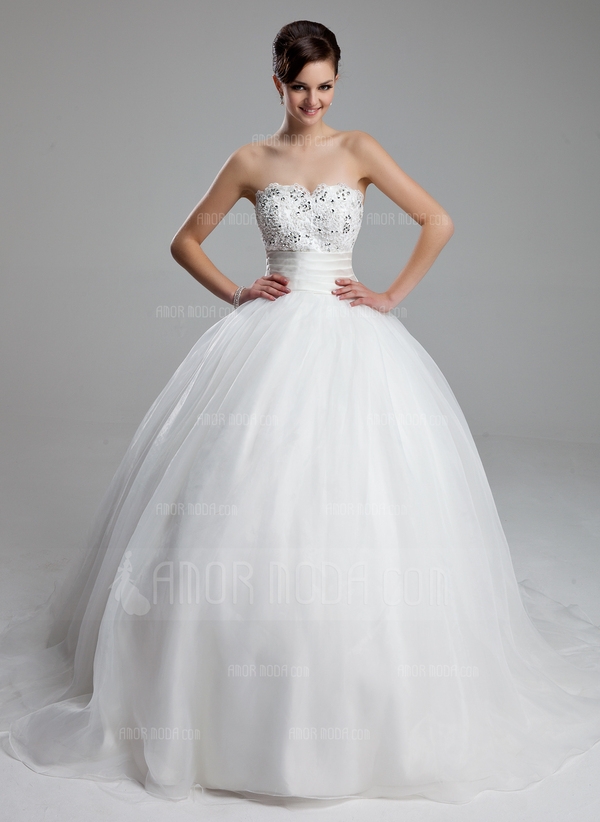 Ball-Gown Sweetheart Court Train Organza Satin Wedding Dress With Ruffle Lace Beading 