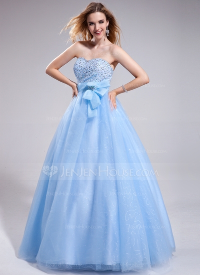 Ball-Gown Sweetheart Floor-Length Organza Tulle Prom Dress With Beading Sequins