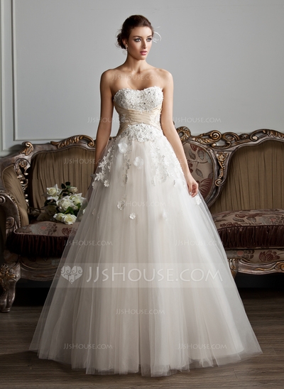 Ball-Gown Sweetheart Floor-Length Tulle Charmeuse Wedding Dress With Ruffle Sash Beading Appliques F
