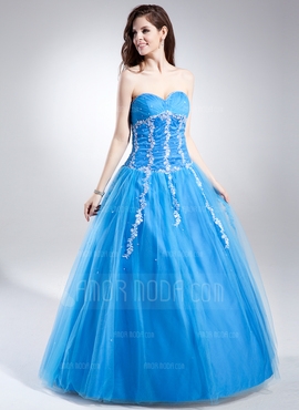 Ball-Gown Sweetheart Floor-Length Tulle Quinceanera Dress With Ruffle Lace Beading Sequins