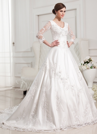 Ball-Gown V-neck Chapel Train Satin Tulle Wedding Dress