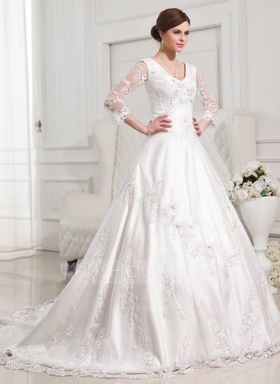 Ball-Gown V-neck Chapel Train Satin Tulle Wedding Dress With Lace Beading