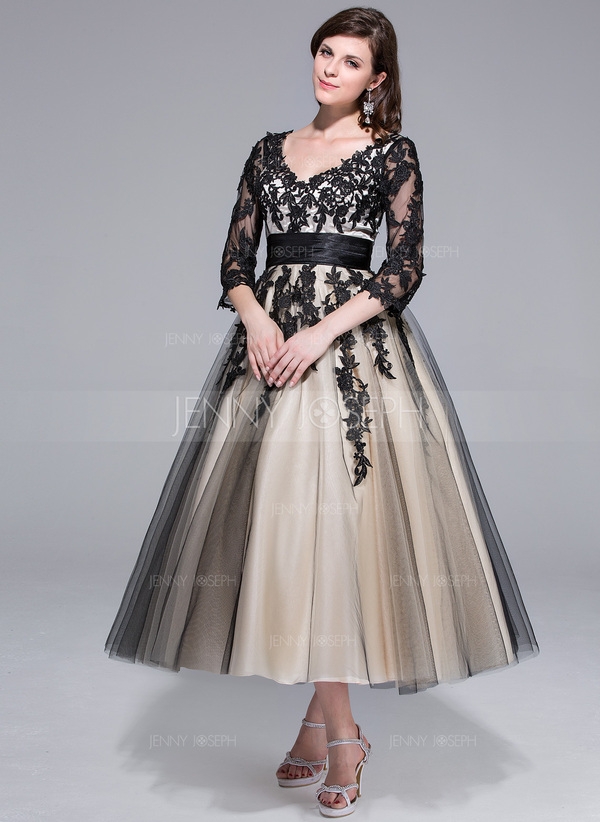Ball-Gown V-neck Tea-Length Tulle Charmeuse Wedding Dress 