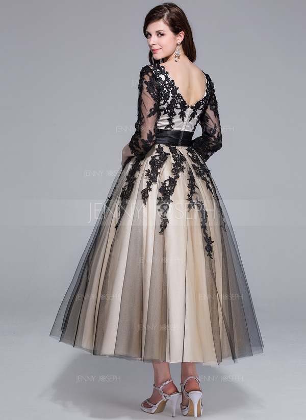 Ball-Gown V-neck Tea-Length Tulle Charmeuse Wedding Dress  - Image 2