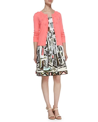 beaded floral cluster cardigan & sleeveless landscape-print dress