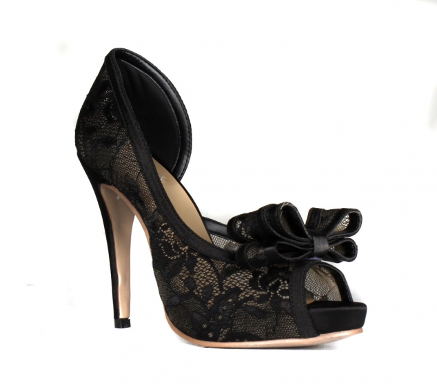Beautiful Blak Lace Bowknot Peep Toe Women Pumps 