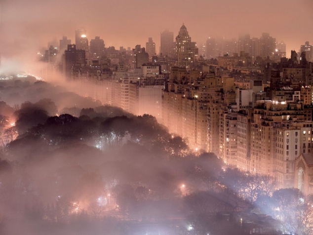 Beautiful New York City skyline glowing in fog