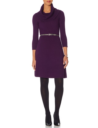 Belted Cowl Neck A-Line Sweater Dress