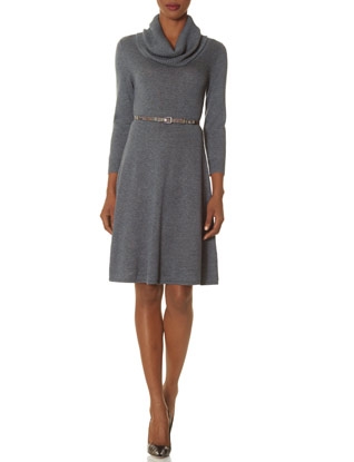 Belted Cowl Neck A-Line Sweater Dress