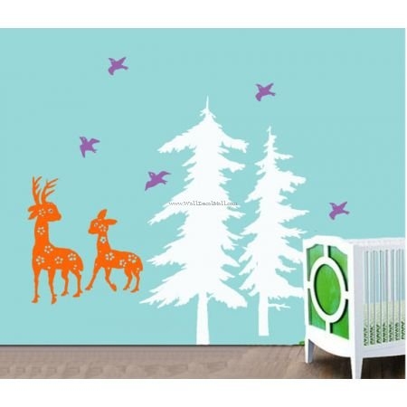 Birds Play With Deer Around Pine Tree Wall Decals