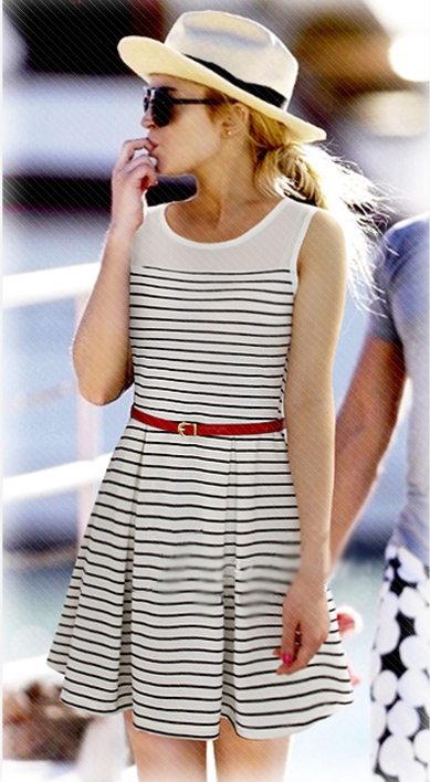 Black and White Pinstripes Contrast Chiffon Top Dress