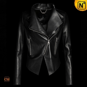 Black Cropped Leather Moto Jacket for Women CW614002