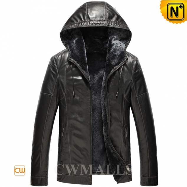 Black Hooded Shearling Jacket CW857165 - cwmalls.com
