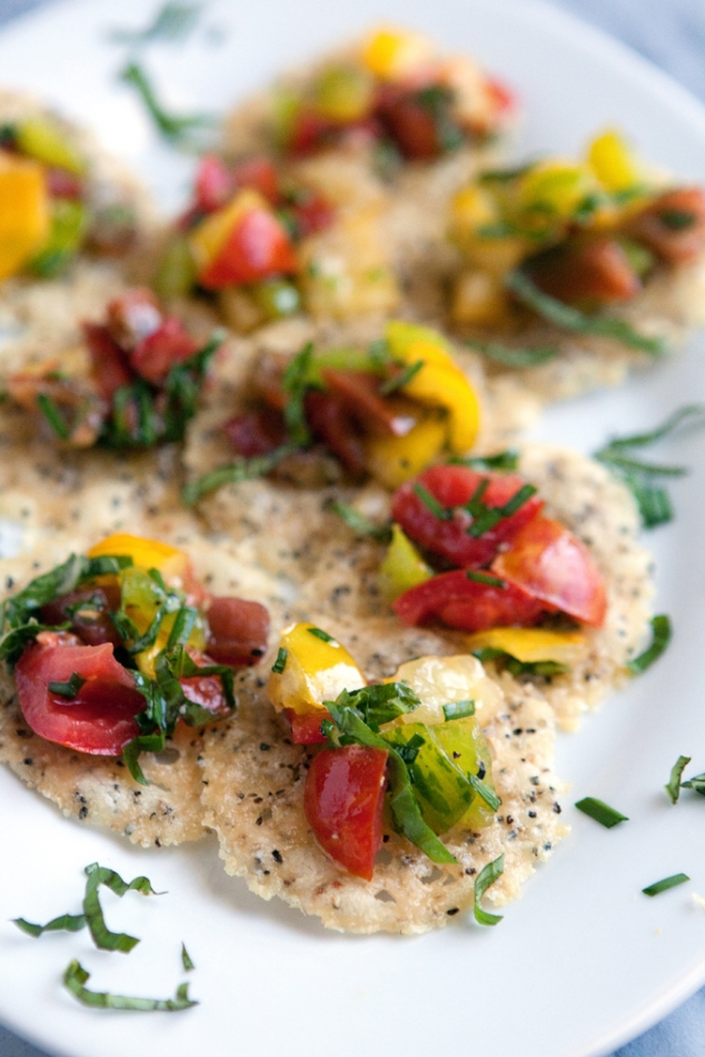black pepper parmesan tuiles with heirloom tomato salad