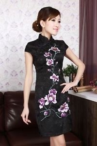 Black red Chinese Style cotton mini Dress Cheongsam