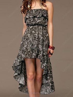 Black Strapless Asymmetrical Ruffles Floral Chiffon Dress for HPL