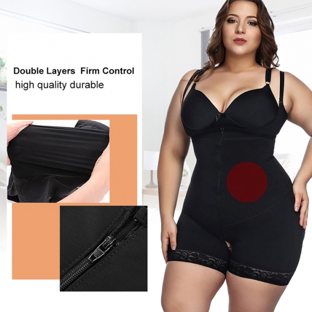 Black Underbust Bodysuits Boyshort Open Crotch Lace Slimming Belly - Image 3