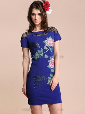 Blue Short Sleeve Insert Lace Sequined Flowers Embroidery Dress for HPL