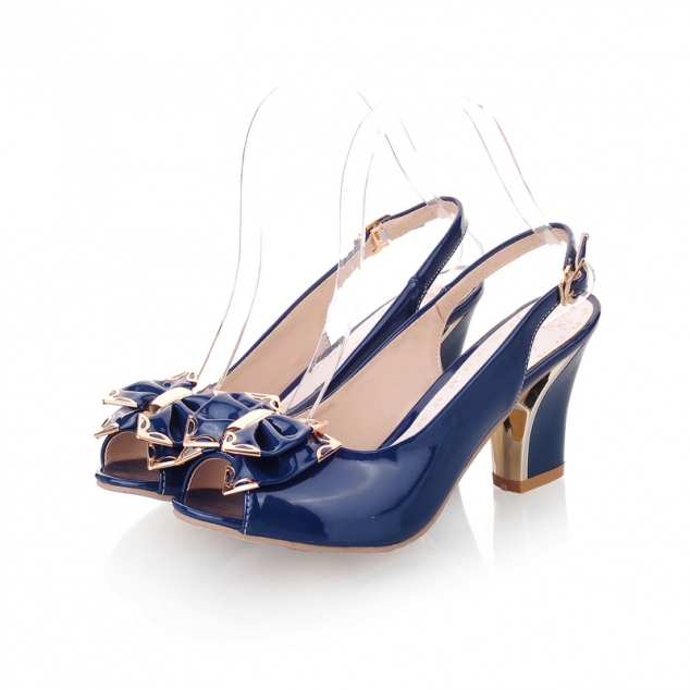 Blue Stylish Patent Leather Chunky Heel Sandals With Bowknot