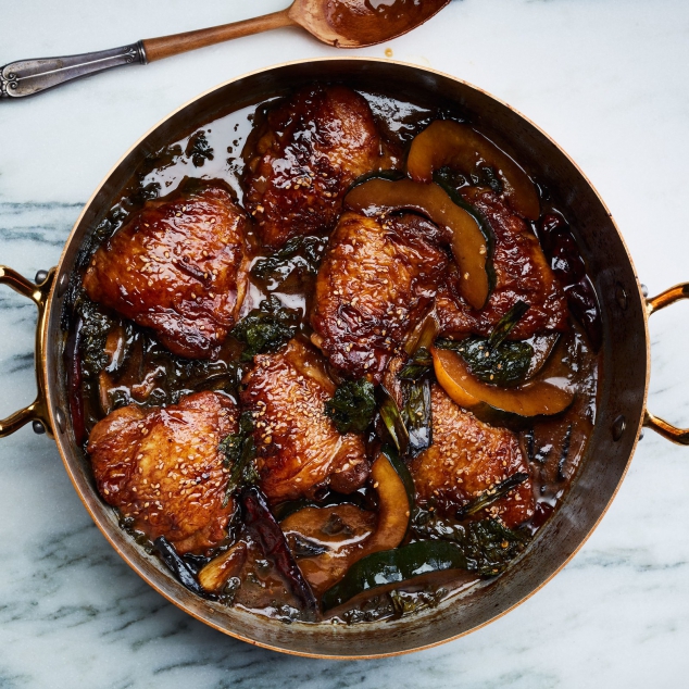Braised Chicken Thighs with Squash and Mustard Greens