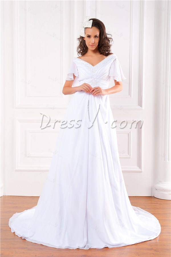 Brilliant A-line/Princess V-neck Short-Sleeve Floor-Length Court Beaded Renata s Plus Size Wedding D