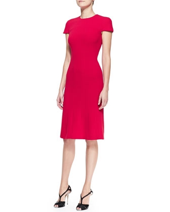 Cap-Sleeve Stretch Wool Crepe Dress, Red