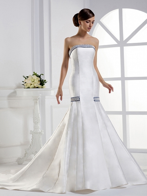 Cathedral Train Natural Waist Mermaid Strapless Satin Floor Length Bridal Gowns