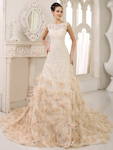 Chapel Train Champagne Bridal A-line Wedding Dress with Jewel Neck Flower