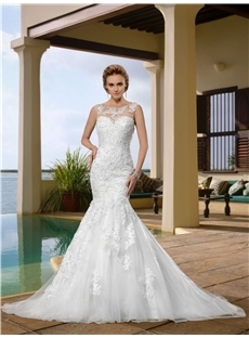 Charming Appliques Sleeveless Scoop Trumpet Chapel Train Wedding Dress 