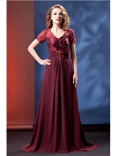 Charming Beading A-line V-Neck Short-Sleeves Floor-Length Daria's Mother of the 