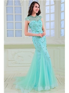 Charming Mermaid/Trumpet Beading Zipper-Up Sweep/Brush Train Evening Dress