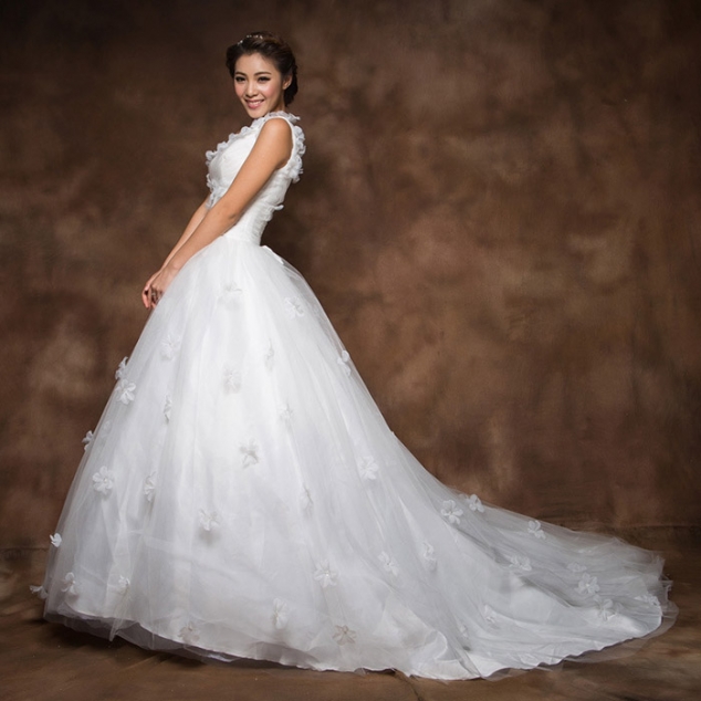 Charming One Shoulder Beading Appliques Design Women's Lace Up Chapel Train Wedding Dress - Image 2