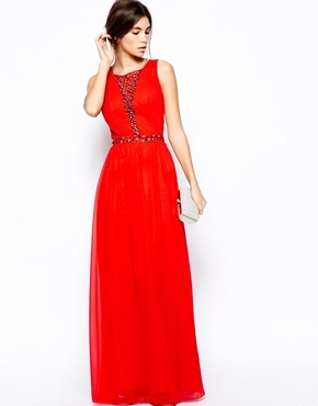 Chi Chi London Lace Maxi Dress with Embellished Plunge Neck