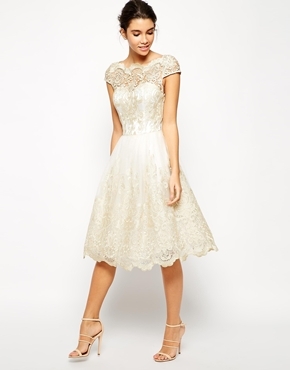 Chi Chi London Premium Metallic Lace Midi Prom Dress with Bardot Neck