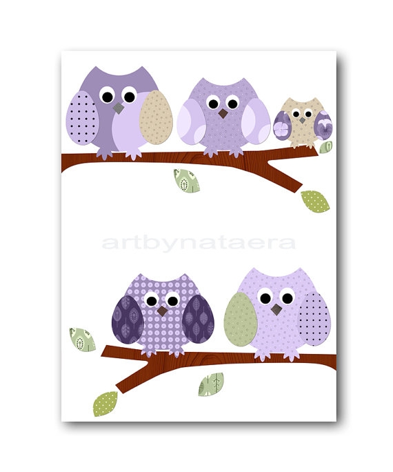 Childrens art kids wall art Baby Girl Room Decor owls