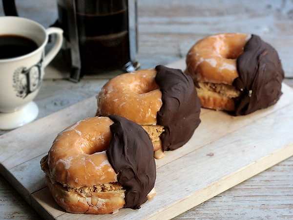 Chocolate-Dipped Coffee Ice Cream Glazed Doughnut Sandwiches