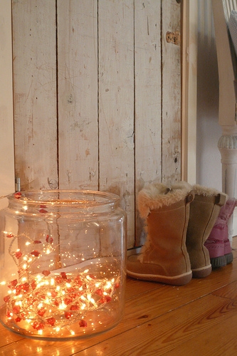 Christmas lights in a clear glass jar