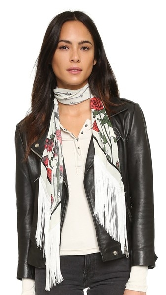 Classic Skinny Fringed Roses Silk Scarf by Rockins