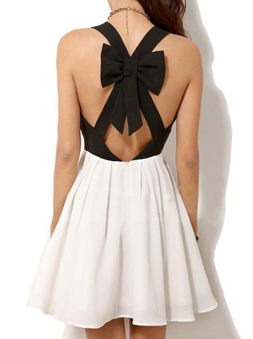 Color Block Trendy V-Neck Bow Tie Design Cut Out Backless Dress For Women
